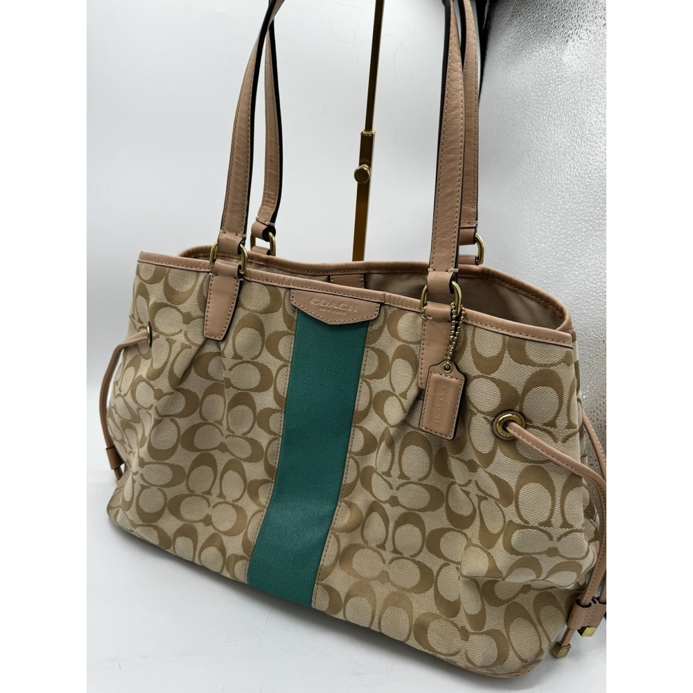 Coach Signature Khaki Emerald Stripe Devin Shoulder Bag Handbag Purse PT3